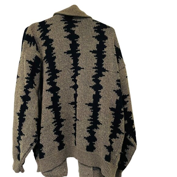 Vintage JON1E Cardigan Sweater Acrylic Knit Black Tan Patterned Size Large - Picture 2 of 7